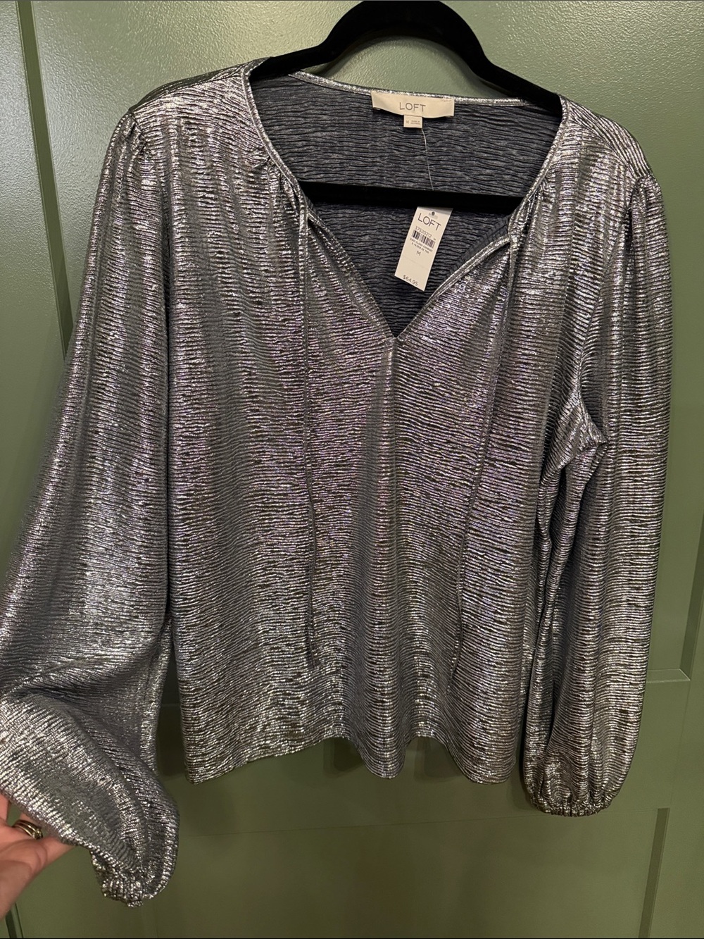 LOFT Silver Metallic Long Sleeve V-Neck Blouse